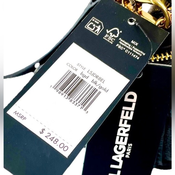 NWT Women KARL LAGERFELD Long Black Genuine Leather Satchel East West Bag Charms - Picture 12 of 15